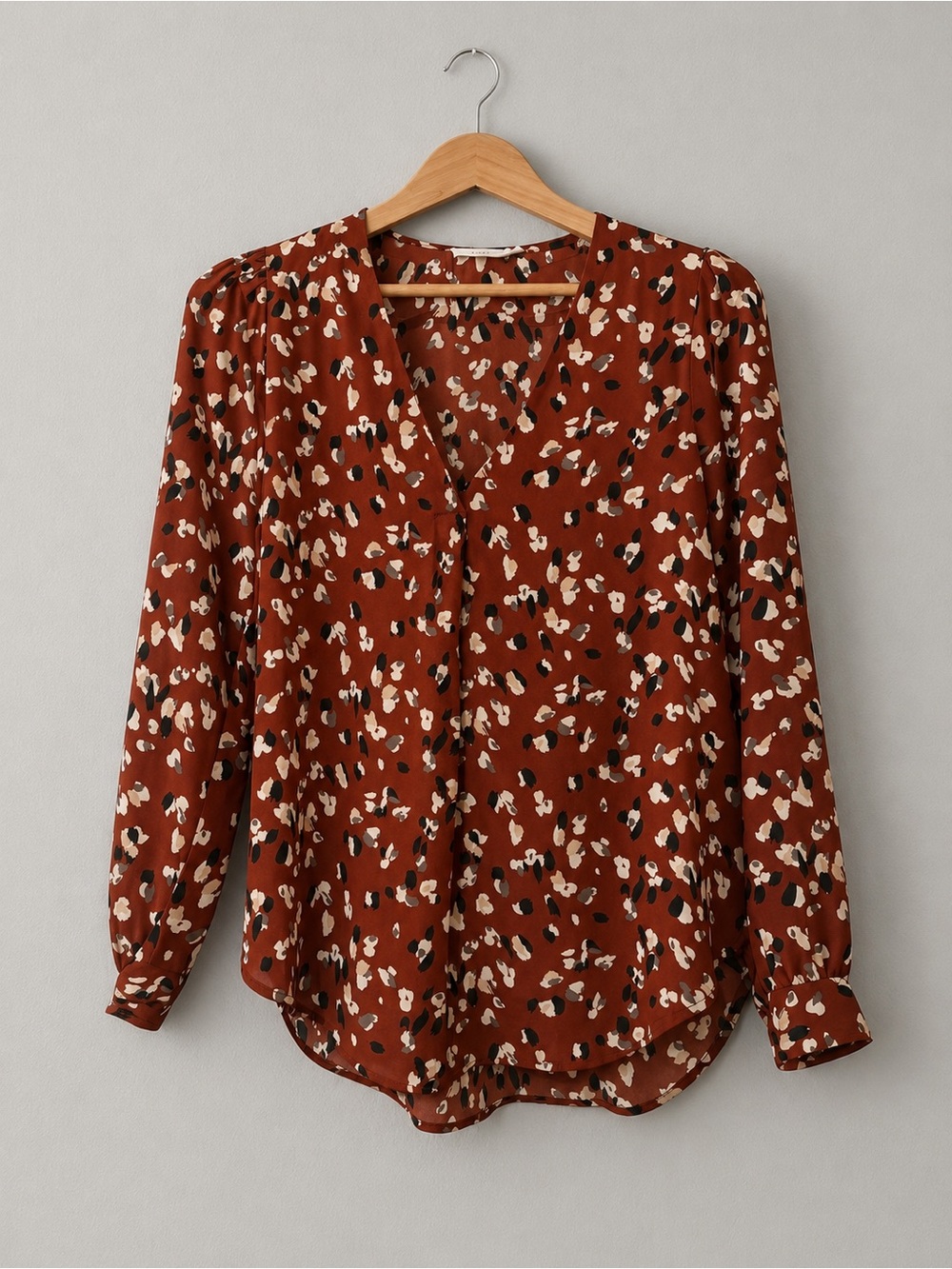 Lush Blouse Womens Medium Brown Black Cream Abstract Print V Neck